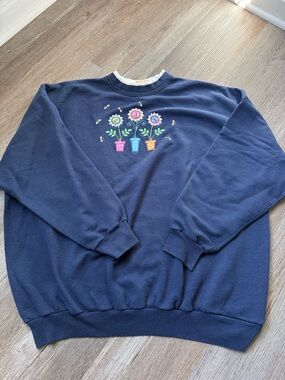 VTG Grandma Sweater Crewneck Hippie Boho Flowers Cottage Core Navy Blue Size 2X